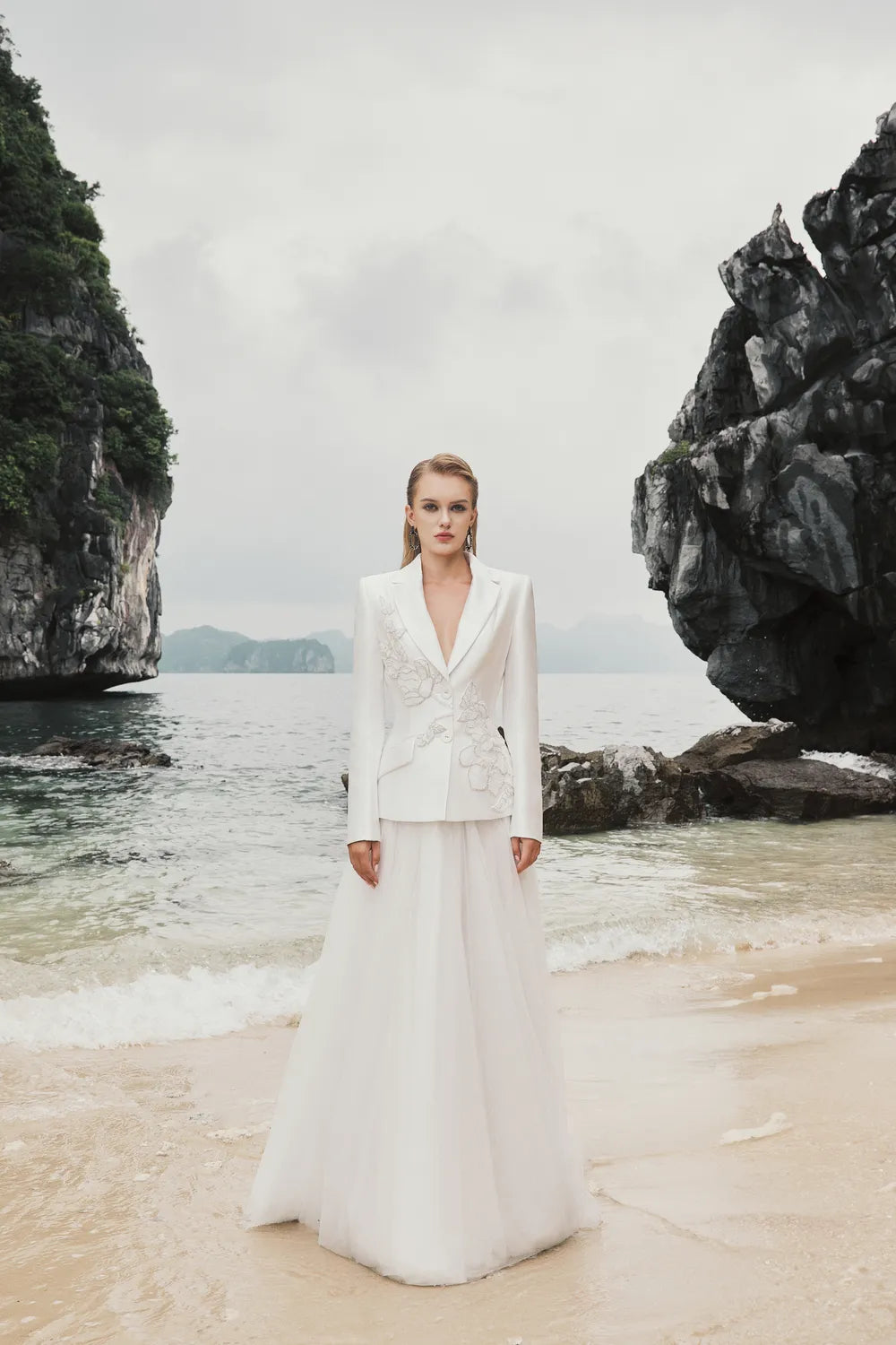 Notched Lapel Floral Embellished Blazer And Gathered Flared A-Line Skirt Set