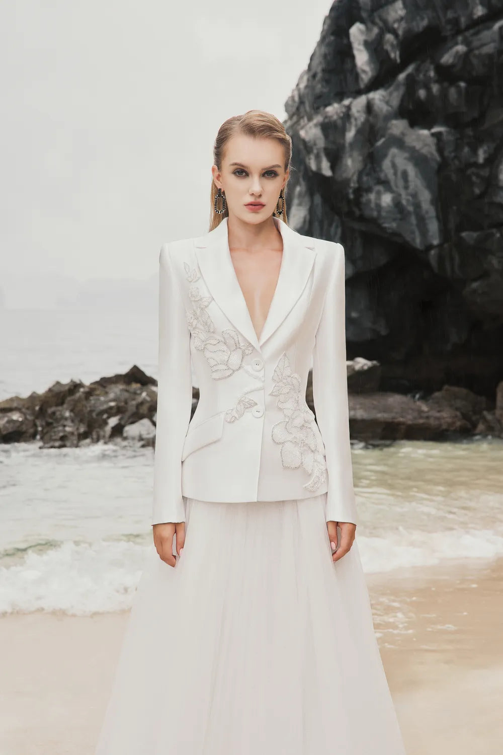 Notched Lapel Floral Embellished Blazer And Gathered Flared A-Line Skirt Set