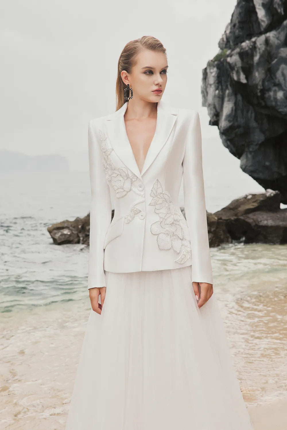 Notched Lapel Floral Embellished Blazer And Gathered Flared A-Line Skirt Set