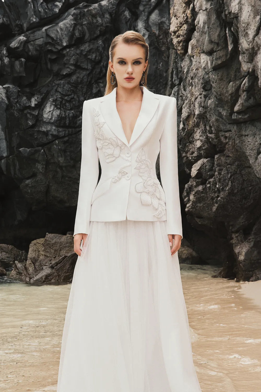 Notched Lapel Floral Embellished Blazer And Gathered Flared A-Line Skirt Set