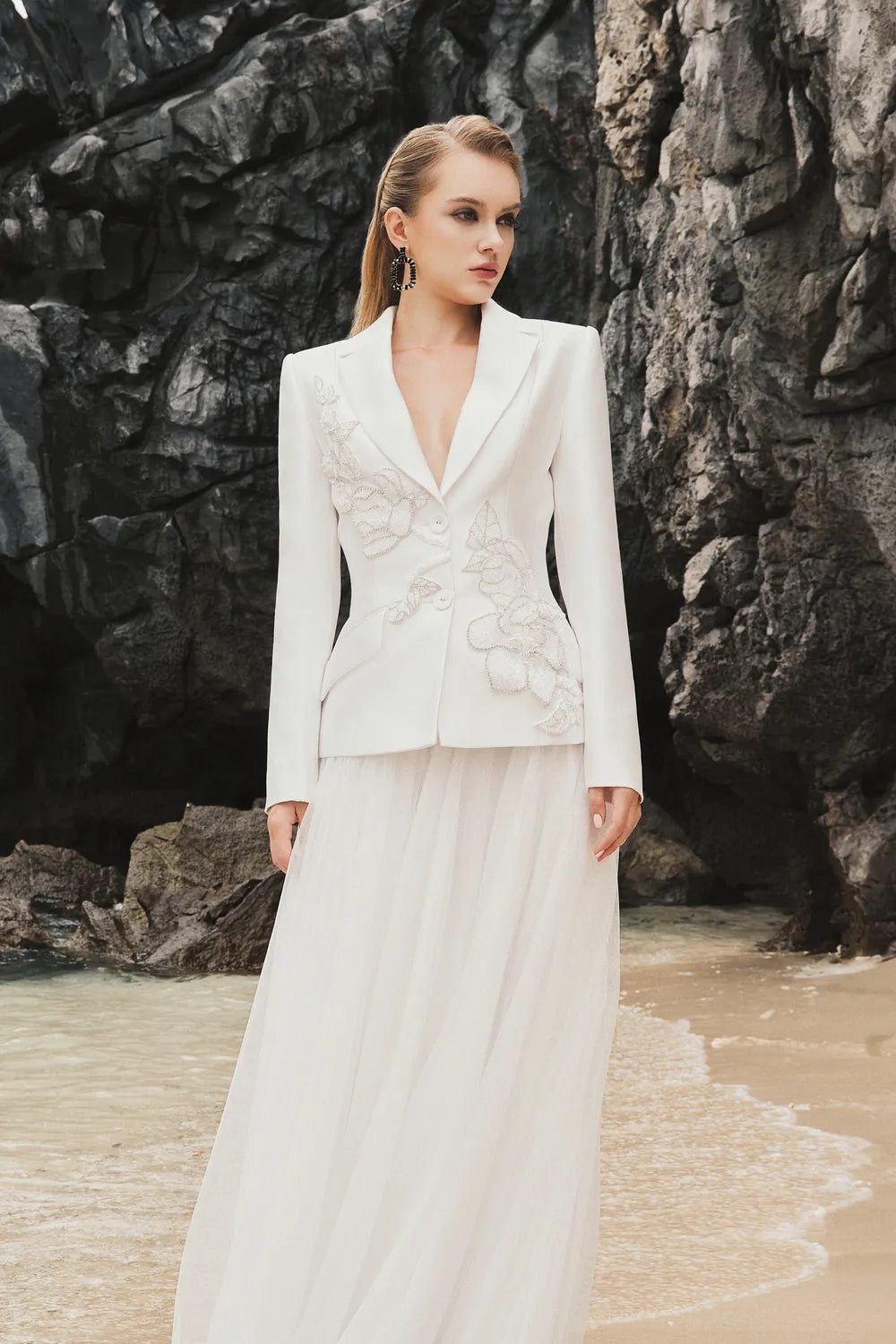 Notched Lapel Floral Embellished Blazer And Gathered Flared A-Line Skirt Set