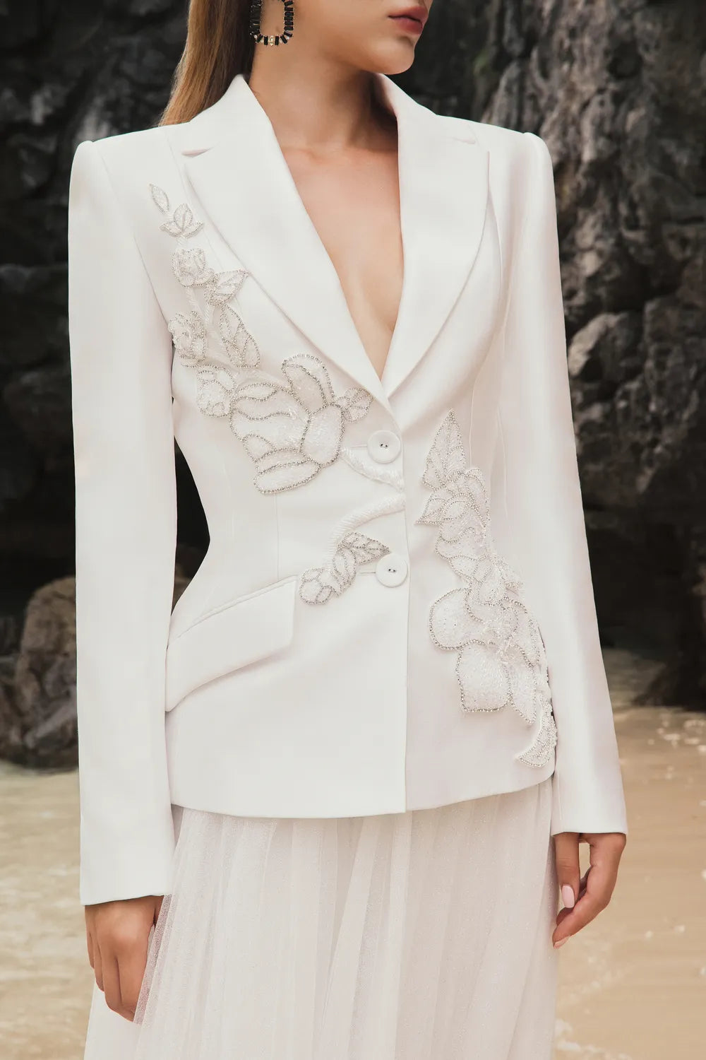 Notched Lapel Floral Embellished Blazer And Gathered Flared A-Line Skirt Set