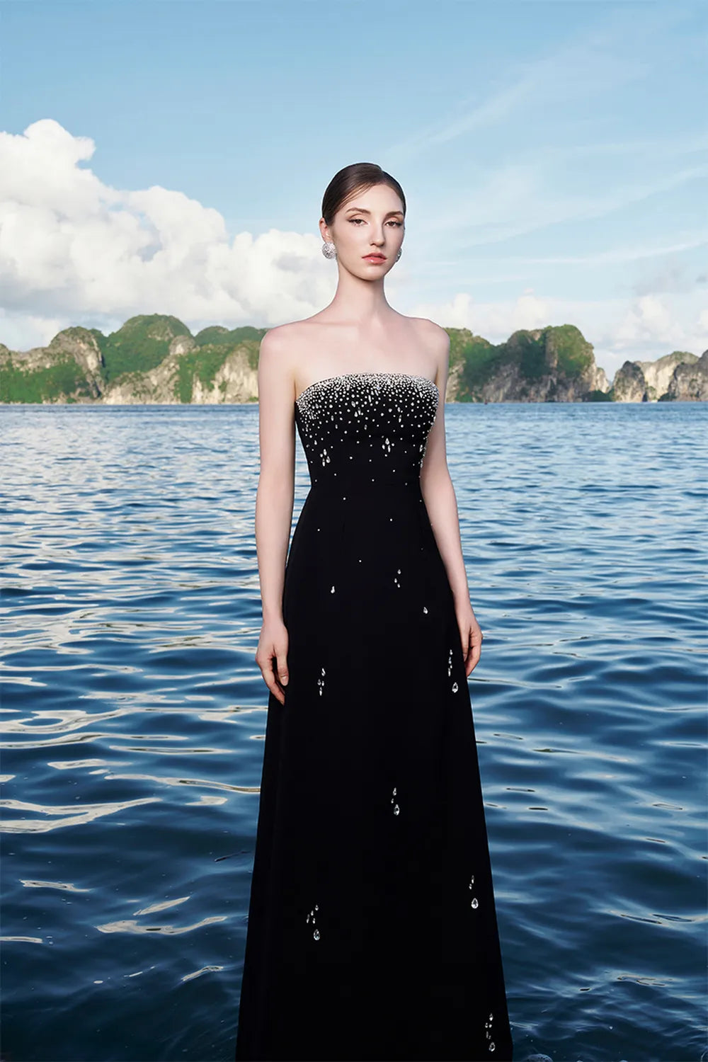 Crystal Strings Cape With Straight Across Crystal Embellished Dress Set