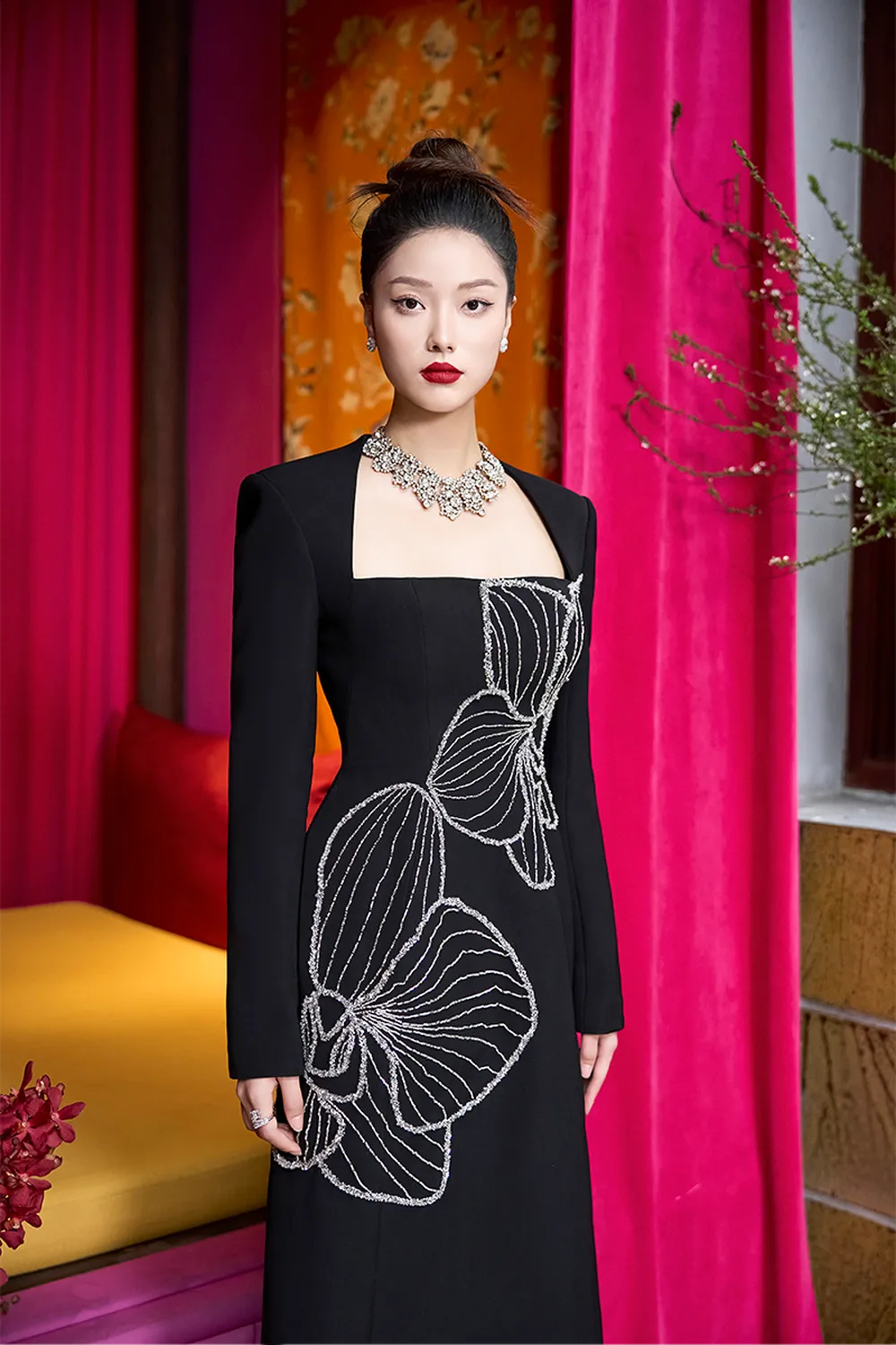 Square Neck Orchid Crystal Embellished Dress - TRACY COUTURE