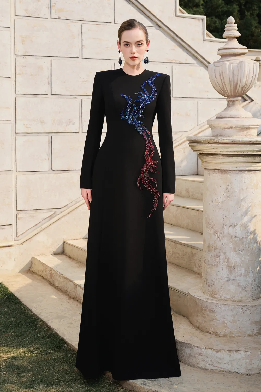 Long Sleeve Ombre Bead-Embellished Dress