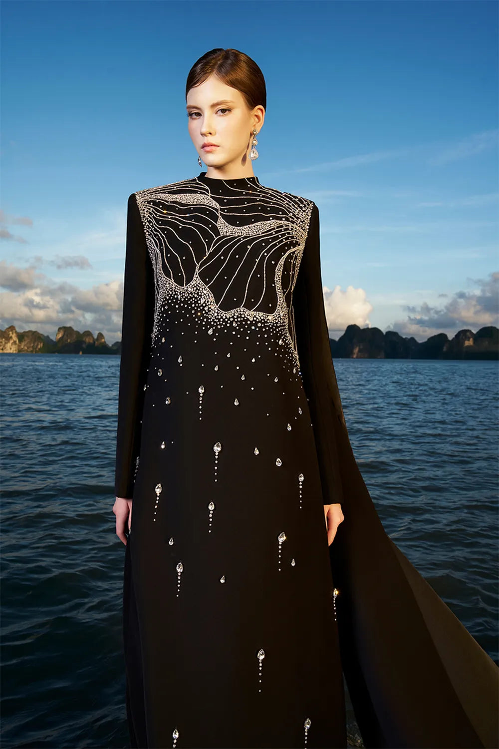 Floral Crystal Embellished Long Back Flap Dress