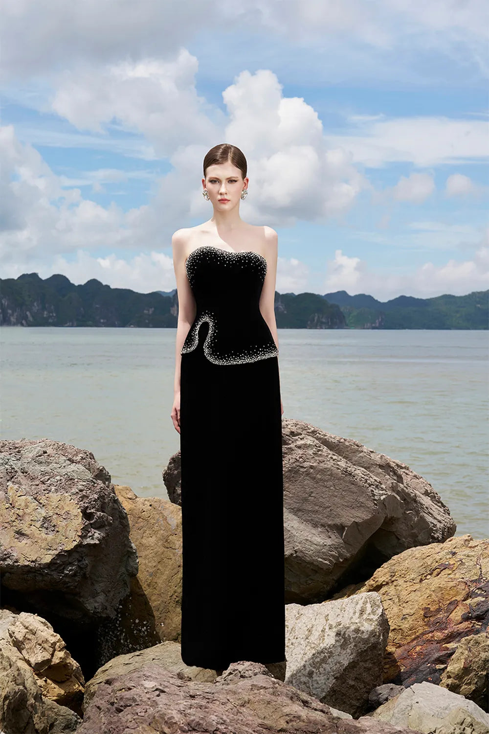 High Neck Curved Cape With Wavy Crystal Embellished Line Dress Set TRACY COUTURE High Neck Curved Cape With Wavy Crystal Embellished Line Dress Set TRACY COUTURE