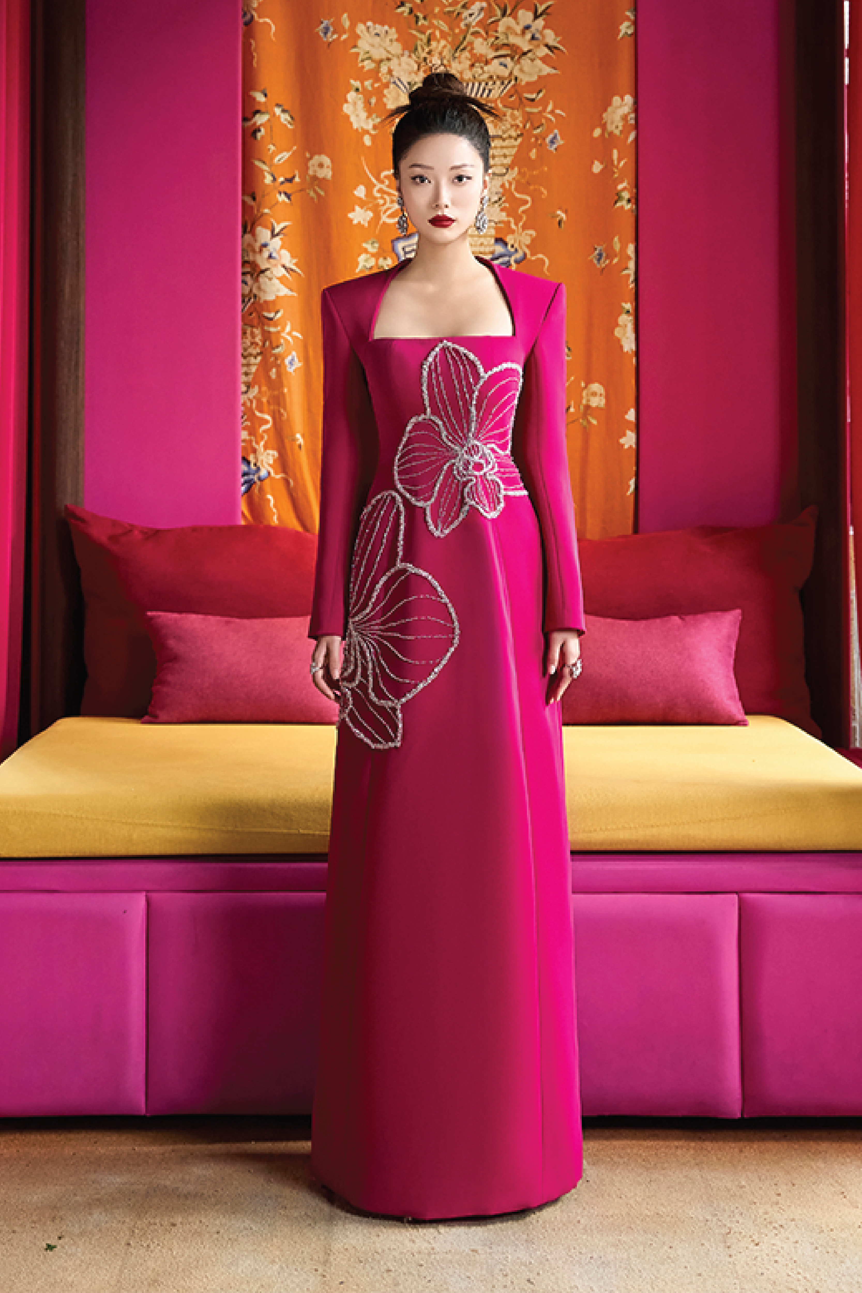 Square Neck Orchid Crystal Embellished Dress - TRACY COUTURE