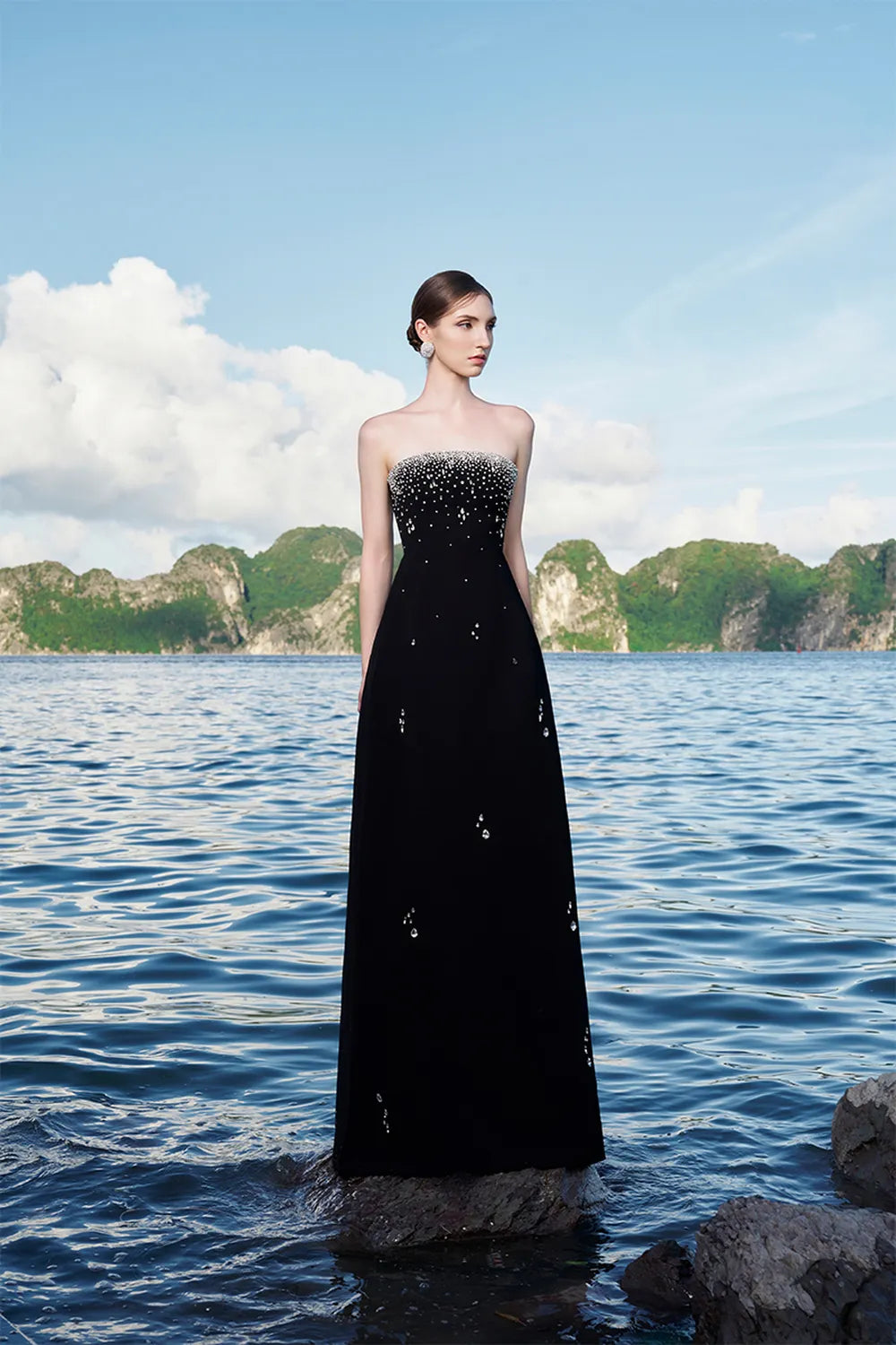 Crystal Strings Cape With Straight Across Crystal Embellished Dress Set