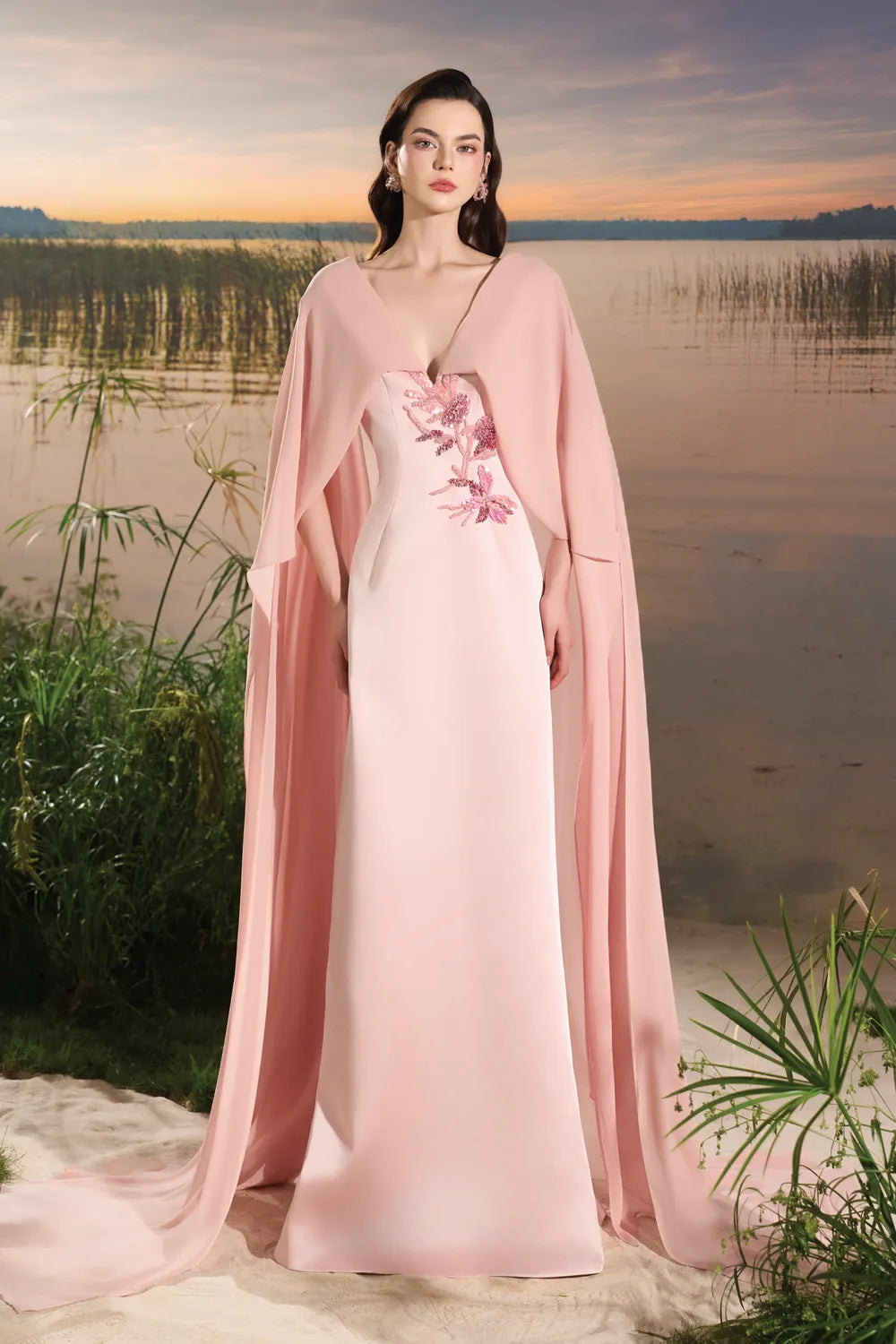 Wide V-Neck Floral Embellished Flowing Flap Dress - TRACY COUTURE