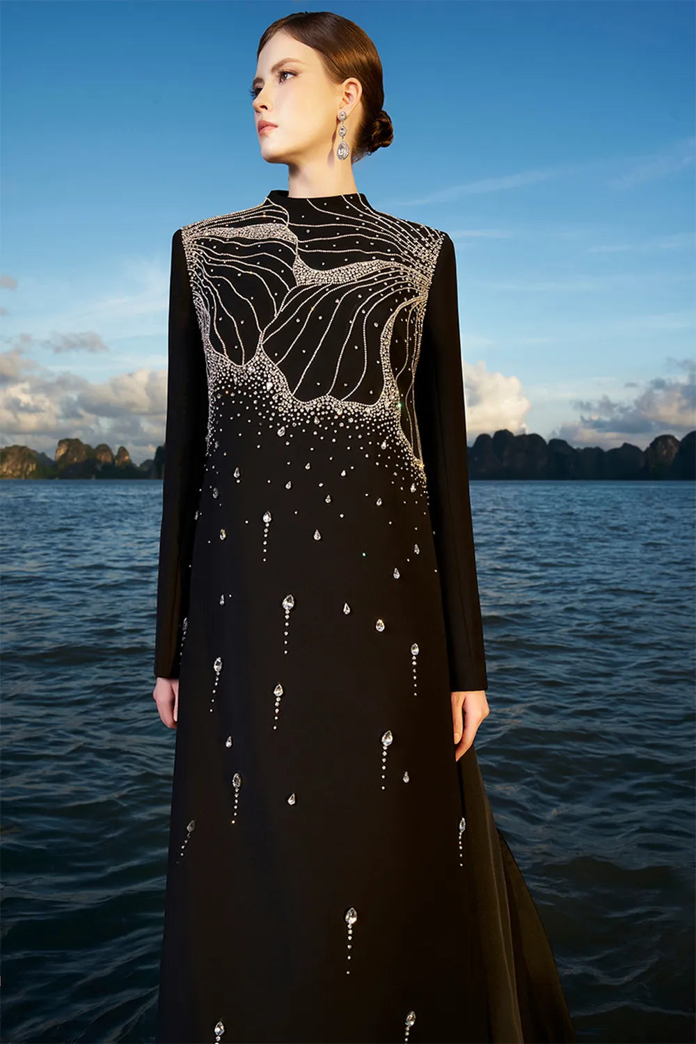 Floral Crystal Embellished Long Back Flap Dress