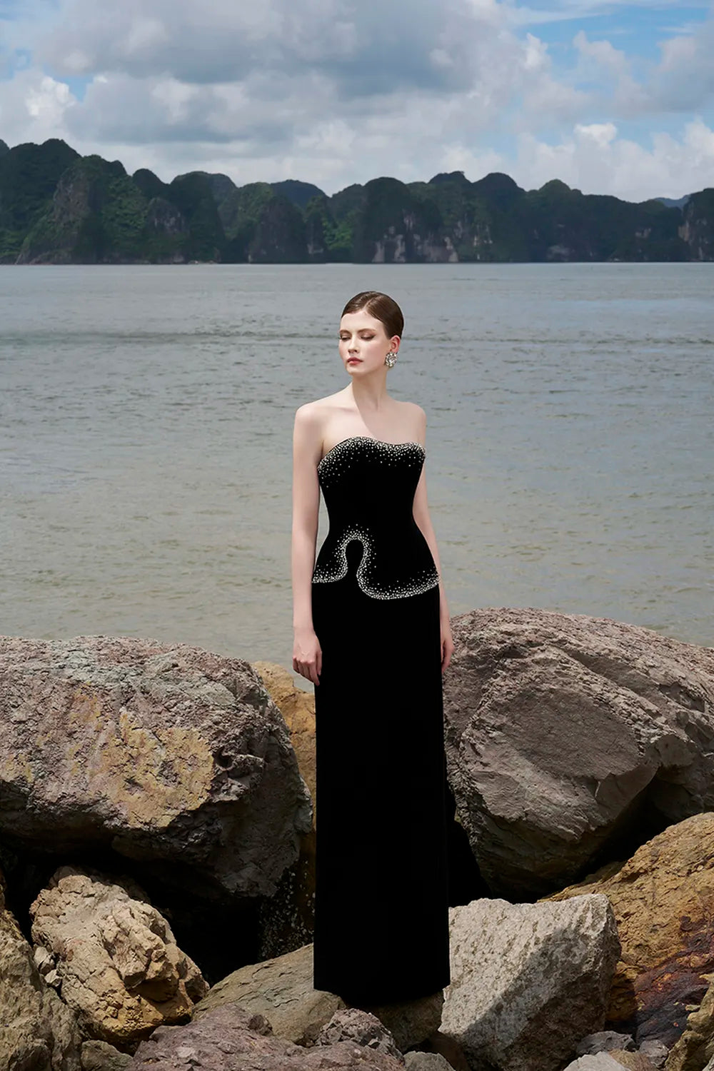 High Neck Curved Cape With Wavy Crystal Embellished Line Dress Set