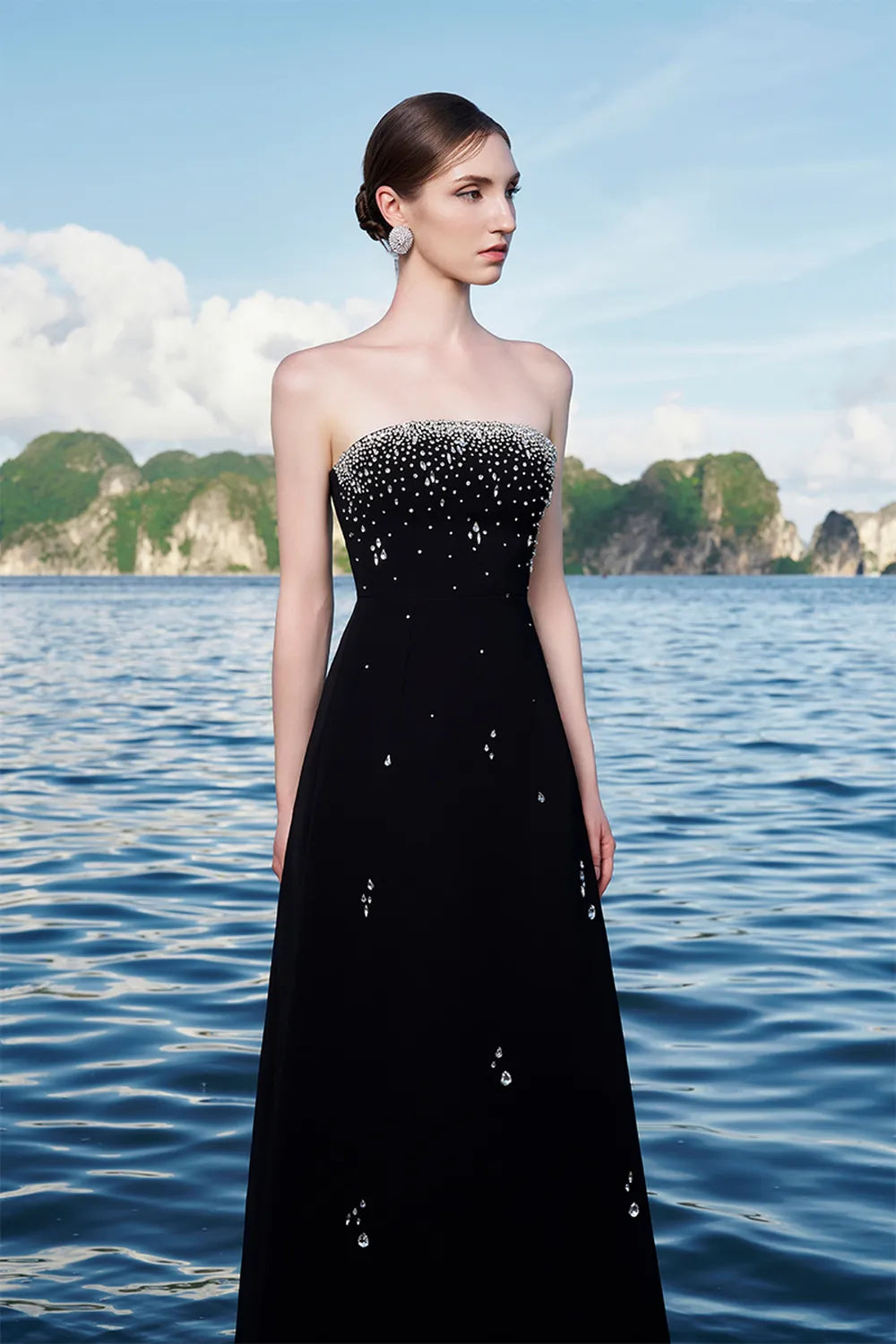 Crystal Strings Cape With Straight Across Crystal Embellished Dress Set