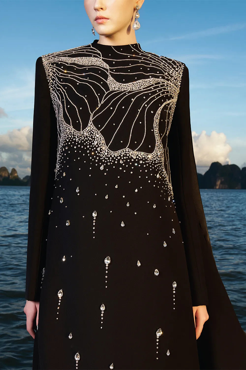 Floral Crystal Embellished Long Back Flap Dress