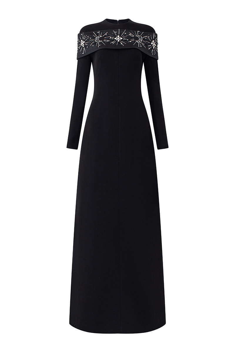 Round Neck Shoulder Crystal Embellished Dress