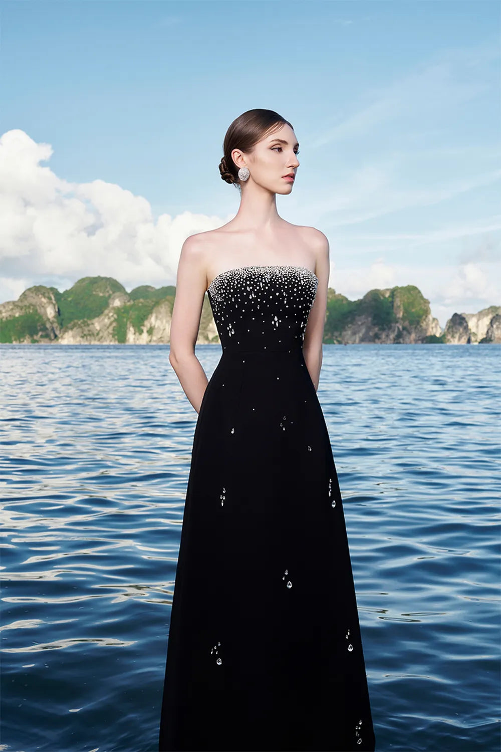 Crystal Strings Cape With Straight Across Crystal Embellished Dress Set