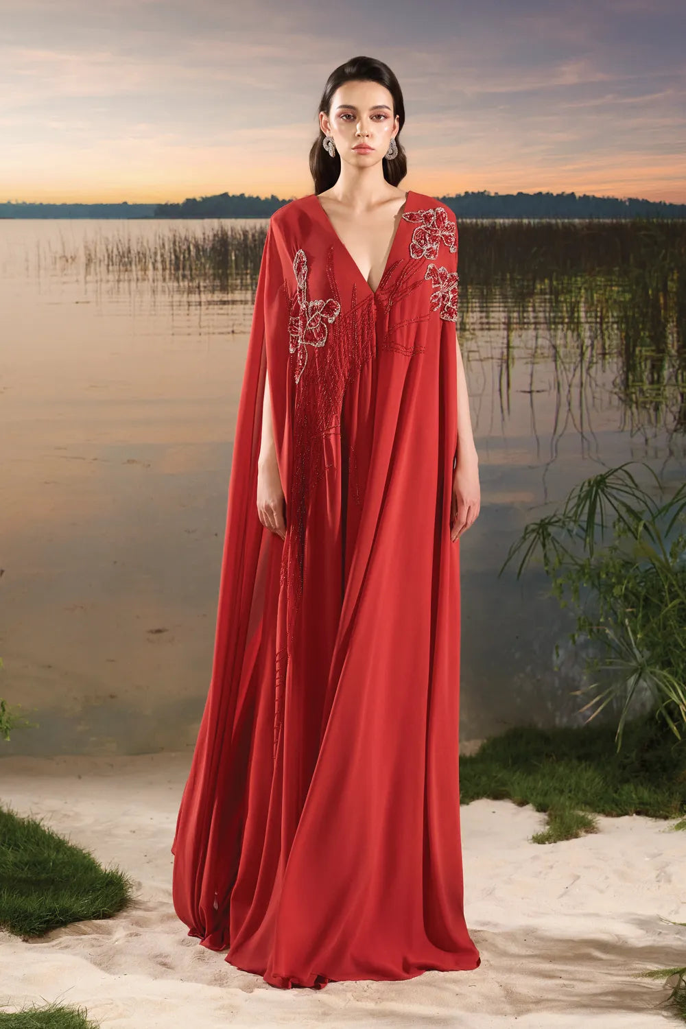 Deep V-Neck Wide Dress - TRACY COUTURE