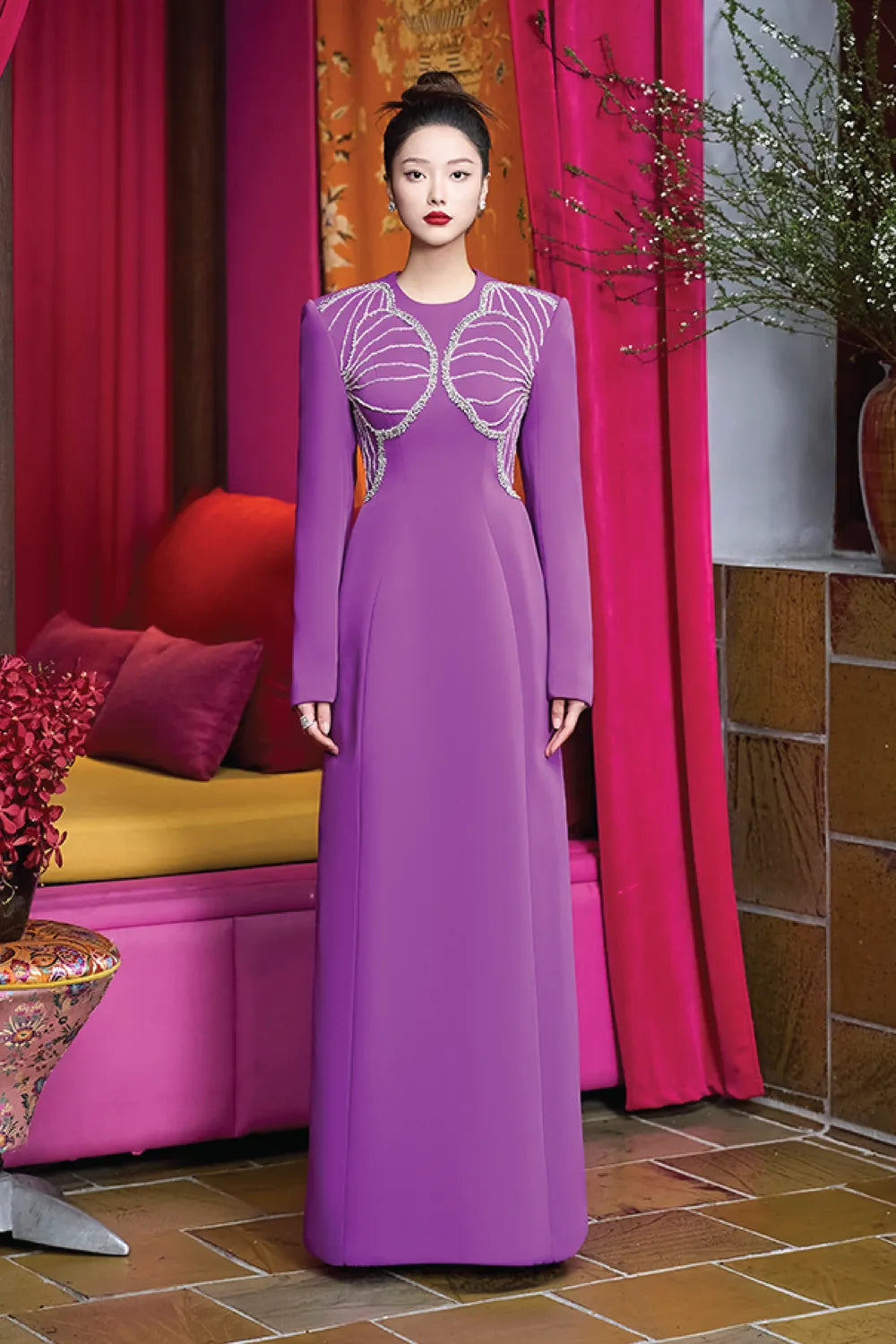 Long Sleeve Orchid Crystal Embellished Dress