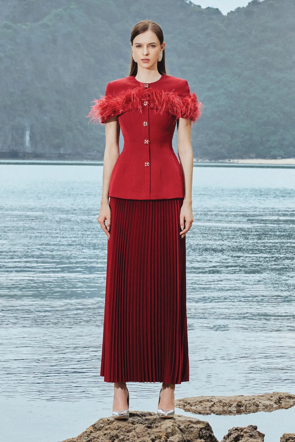 Feather Embellished Short Sleeve Blazer With Pleated Ankle Skirt Set - TRACY COUTURE