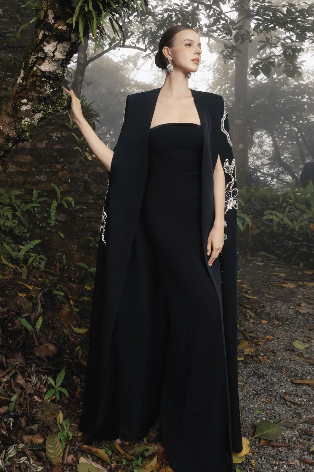 Stylized Sleeve Slit Long Cape With  Straight Strapless Basic Dress Set