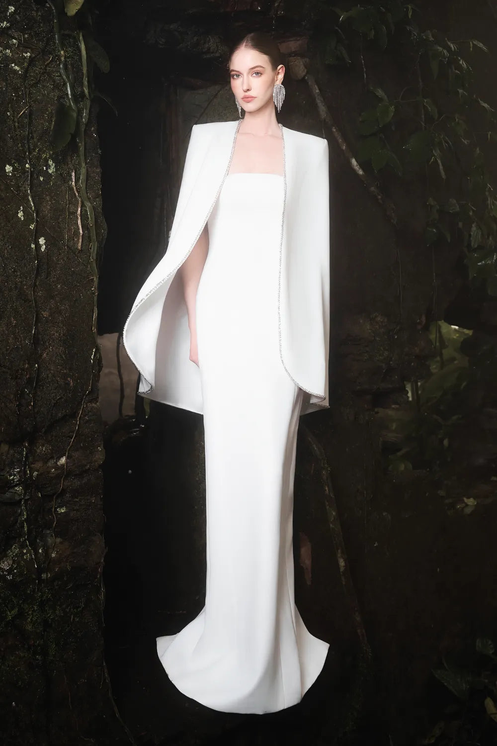 Strapless Mermaid Dress With Orchid Embellished Curved Hemline Cape Set