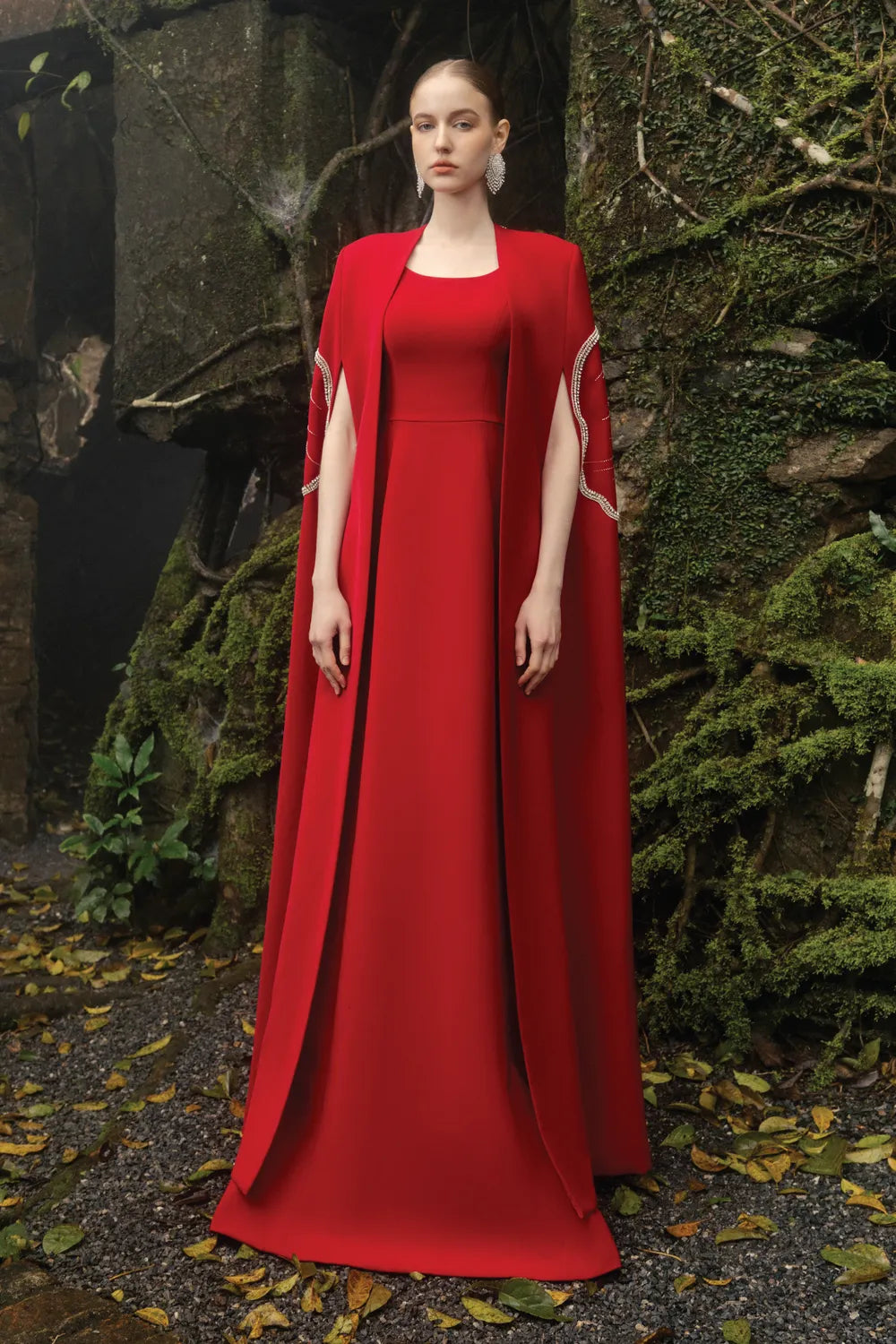 Sleeveless Round Neck Dress With Back Floral Crystal Embellished Long Cape Set