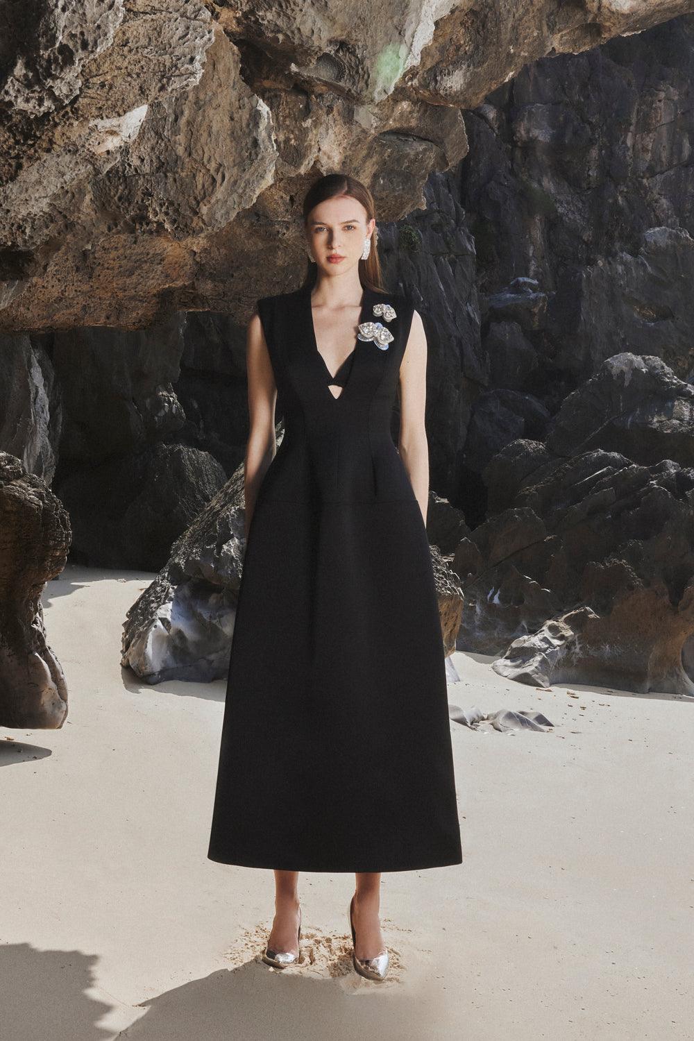 Sleeveless V-Neck Coat Midi Dress