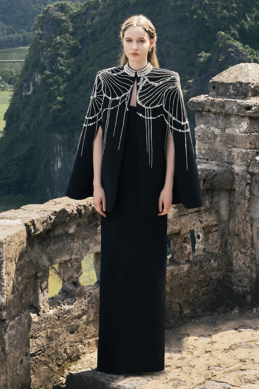 Flared Sleeve Cape With Crystal Line - TRACY COUTURE