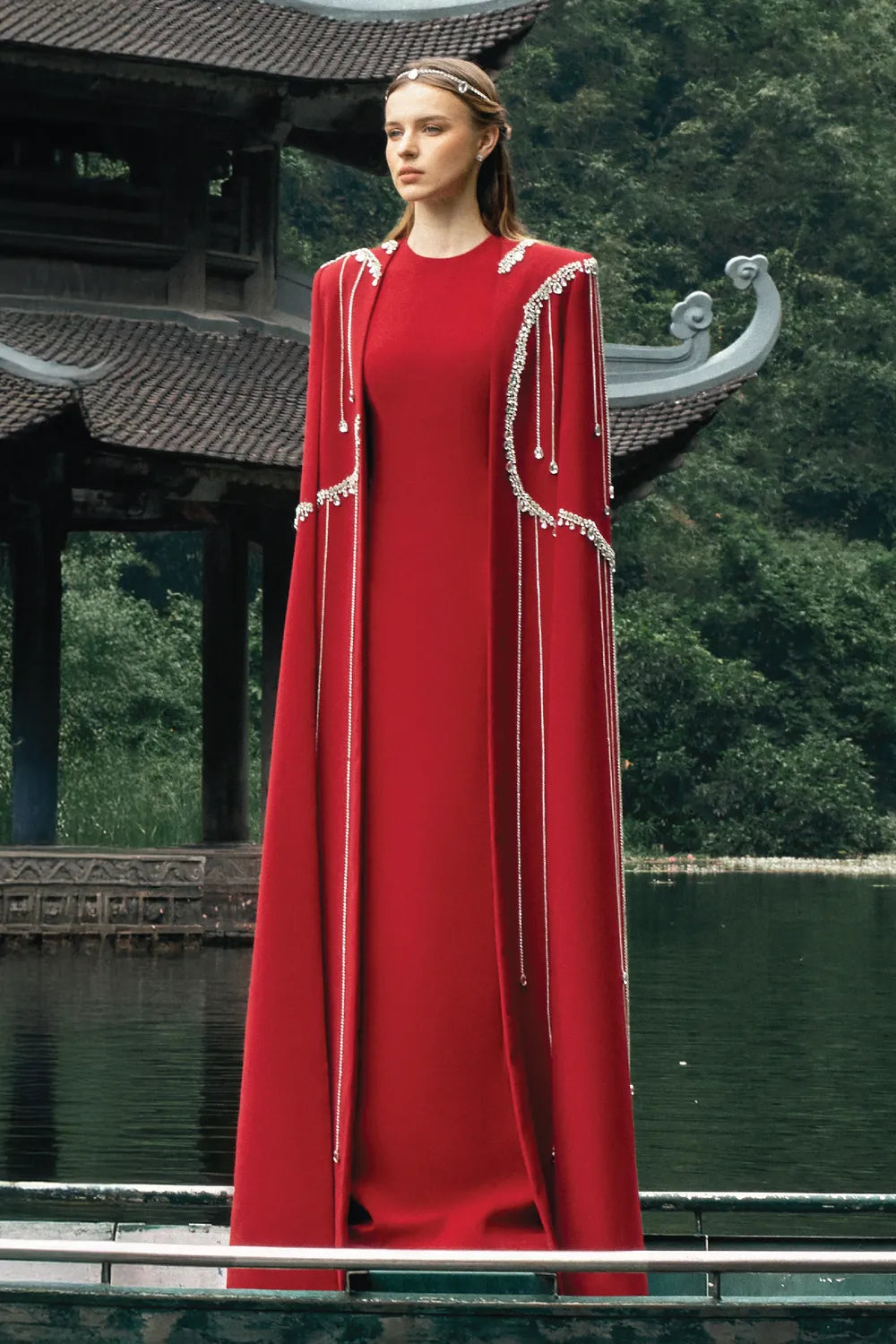 Stone Embellished Floor Length Cape - TRACY COUTURE