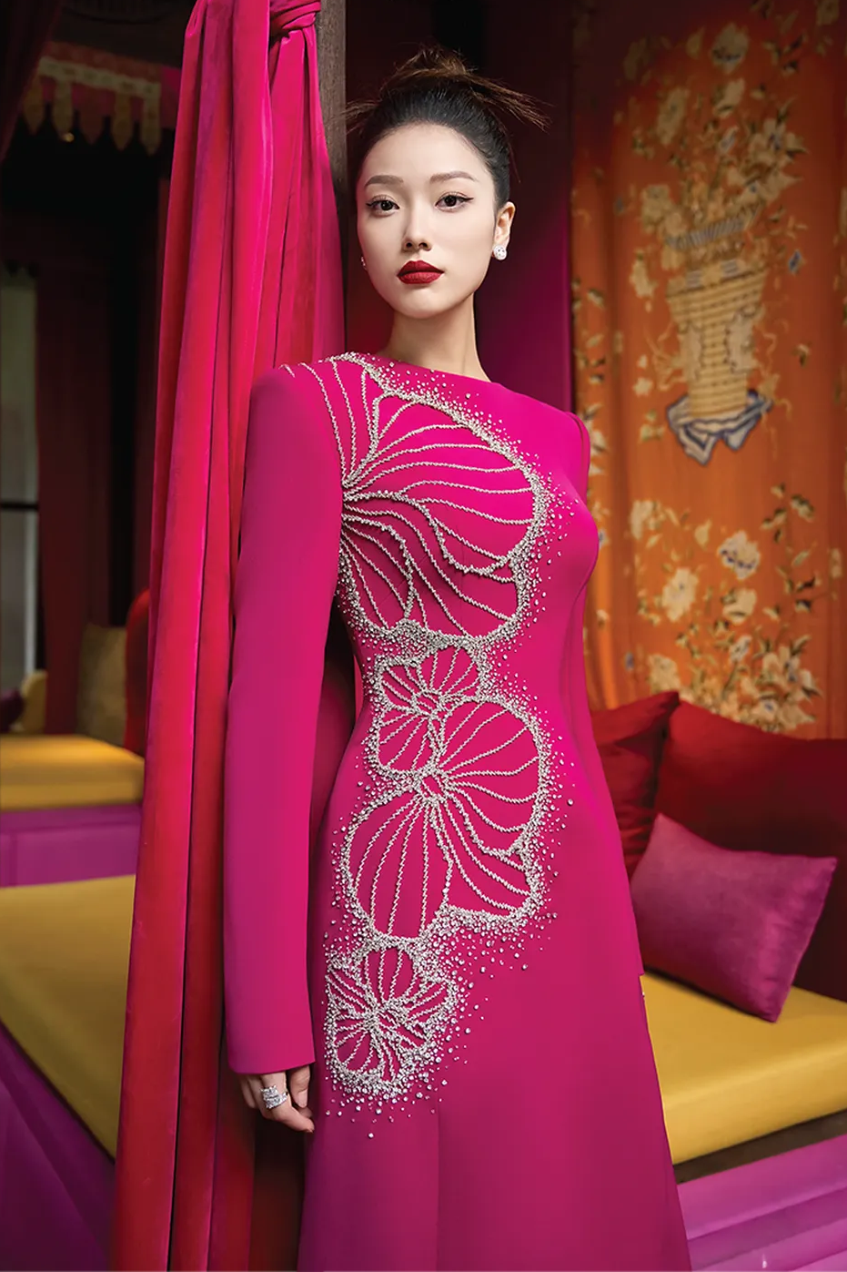 Boat Neck Crystal Embellished Dress