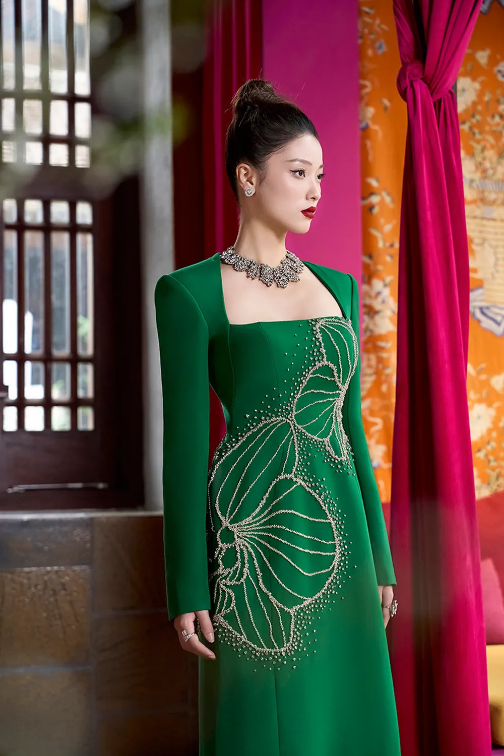 Square Neck Crystal Embellished Dress - TRACY COUTURE