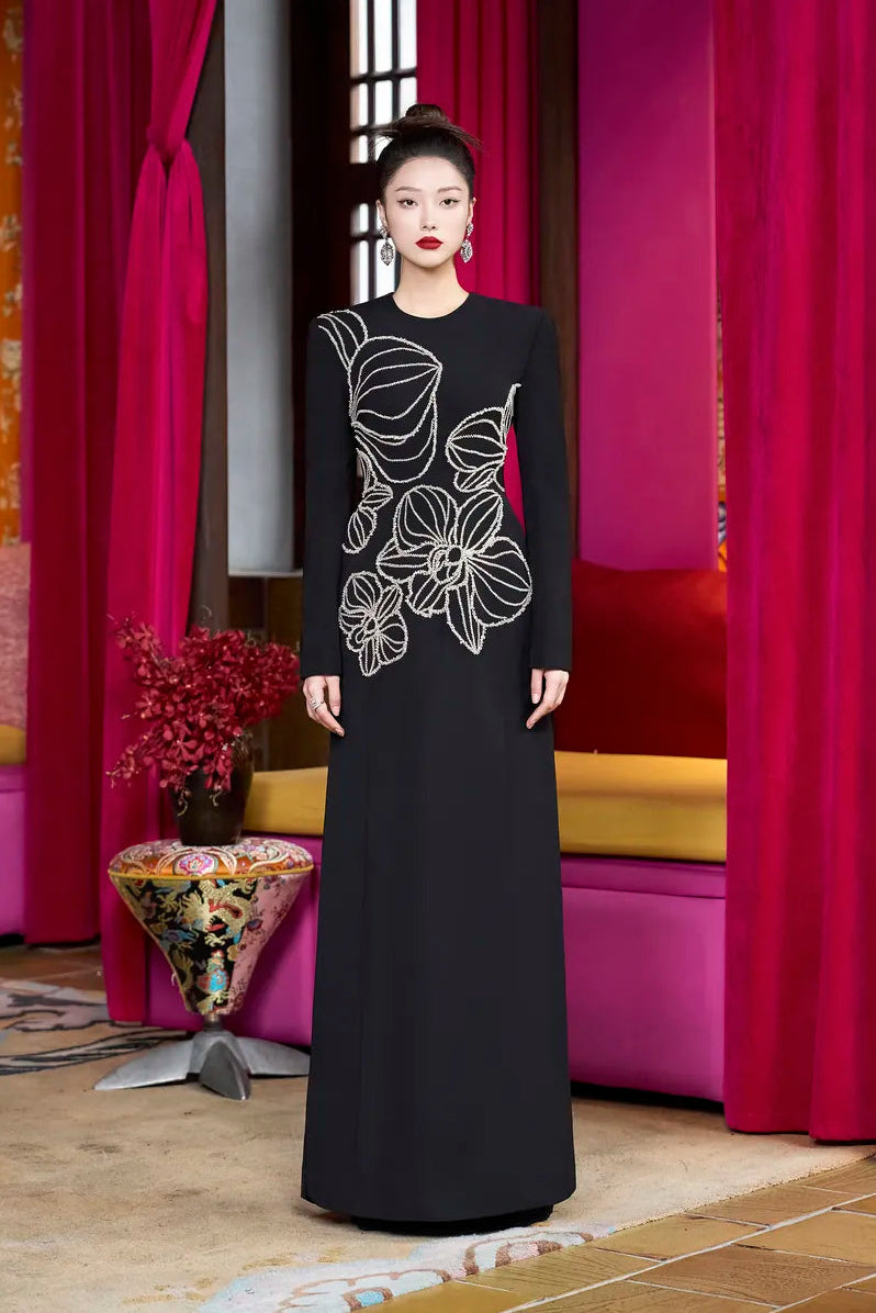 Long Sleeve Floral Crystal Embellished Ao Dai - TRACY COUTURE