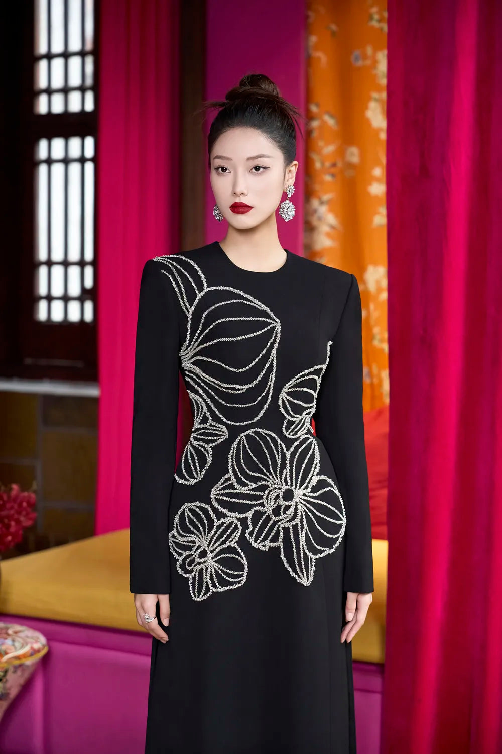 Long Sleeve Floral Crystal Embellished Ao Dai - TRACY COUTURE