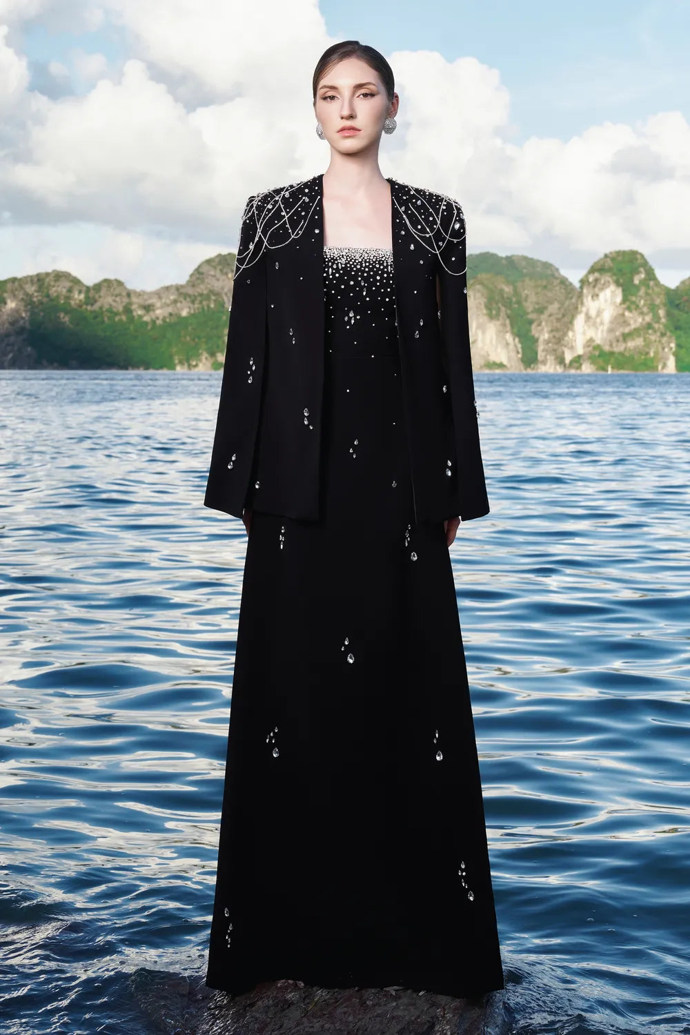 Crystal Strings Cape With Straight Across Crystal Embellished Dress Set