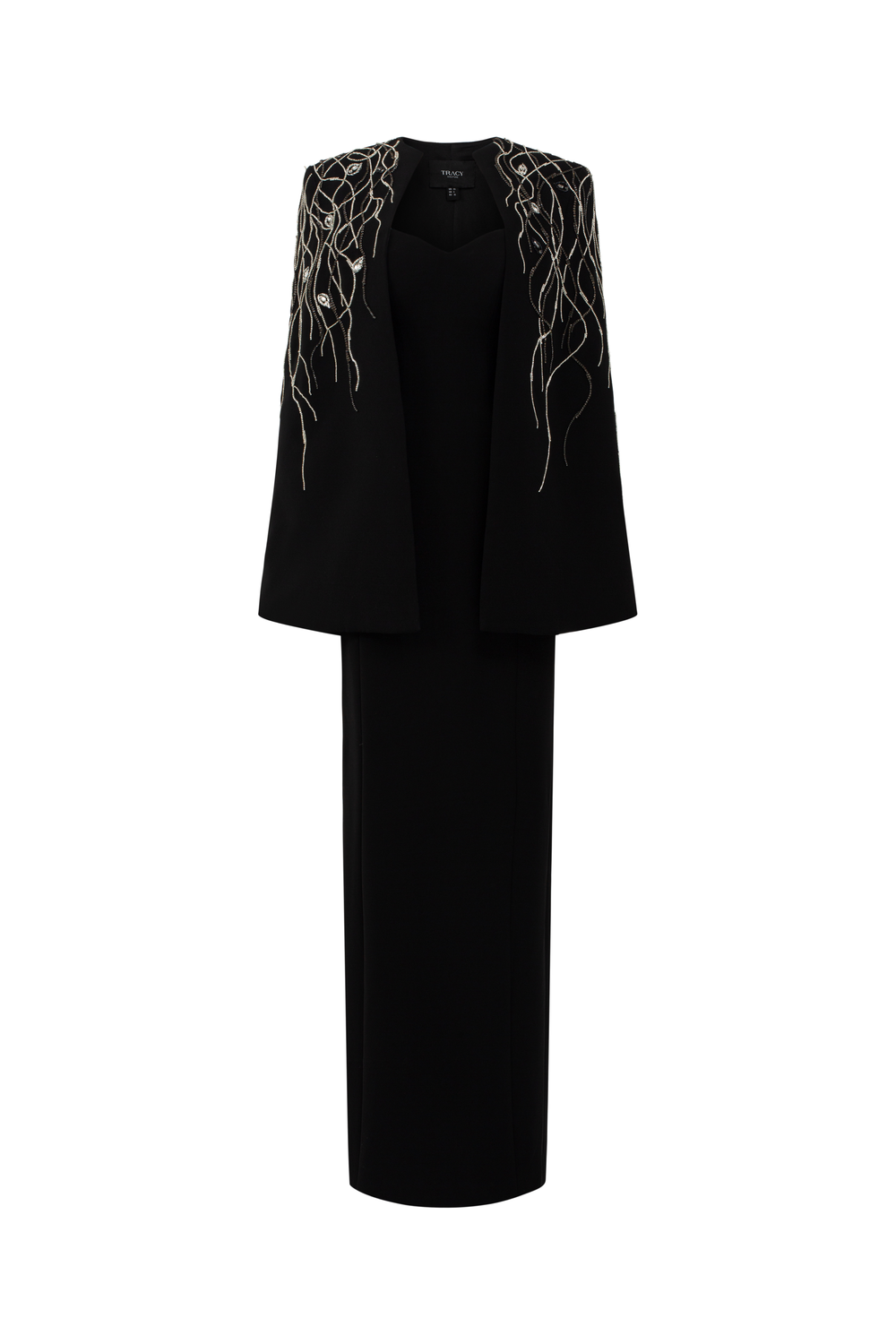 Wavy Crystal Embellished Cape And Semi Heart Chest Dress Set