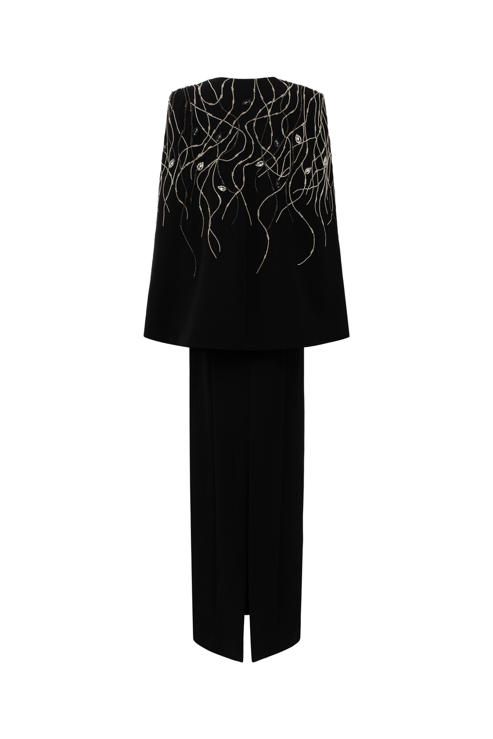 Wavy Crystal Embellished Cape And Semi Heart Chest Dress Set