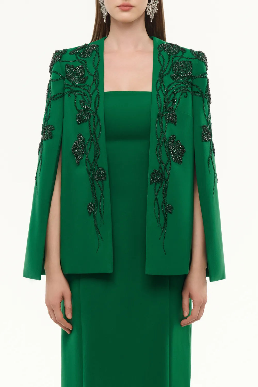 Symmetrical Floral Branches Crystal Embellished Cape Strapless Dress Set - TRACY COUTURE