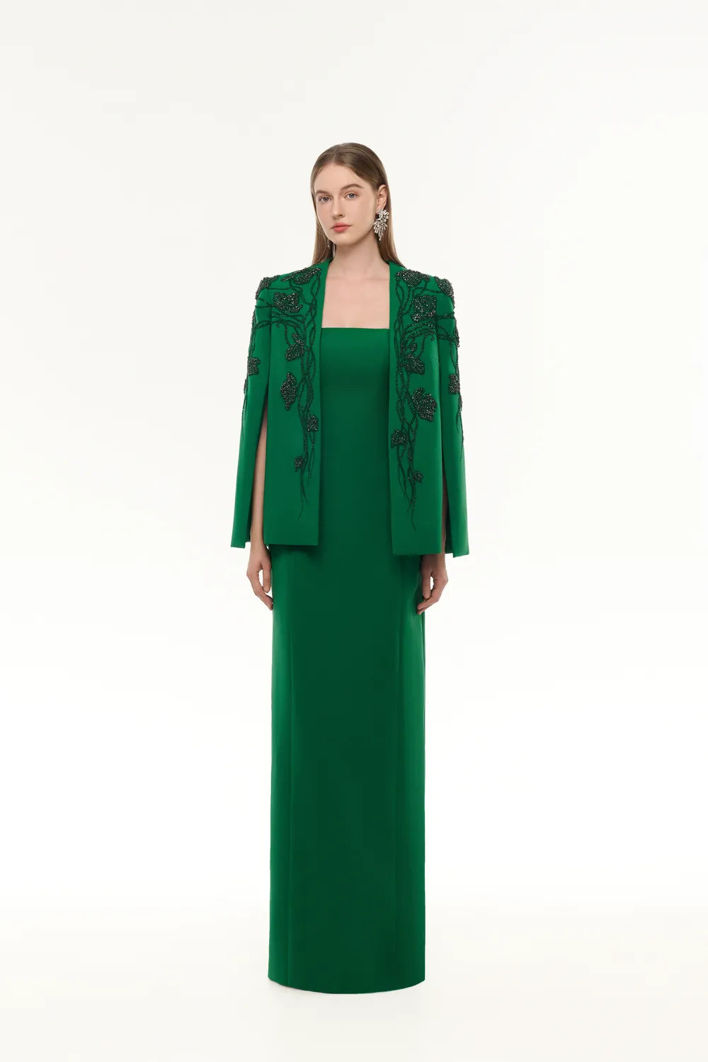 Symmetrical Floral Branches Crystal Embellished Cape Strapless Dress Set - TRACY COUTURE