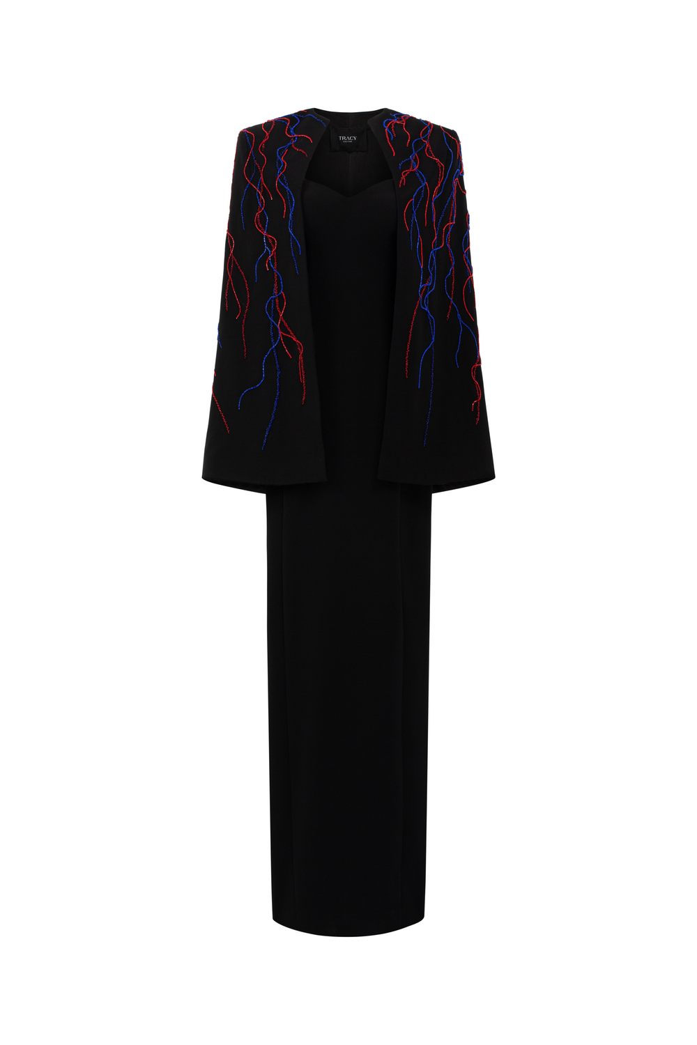 Wavy Crystal Embellished Flared Short Cape And Heart Chest Straight Dress Set