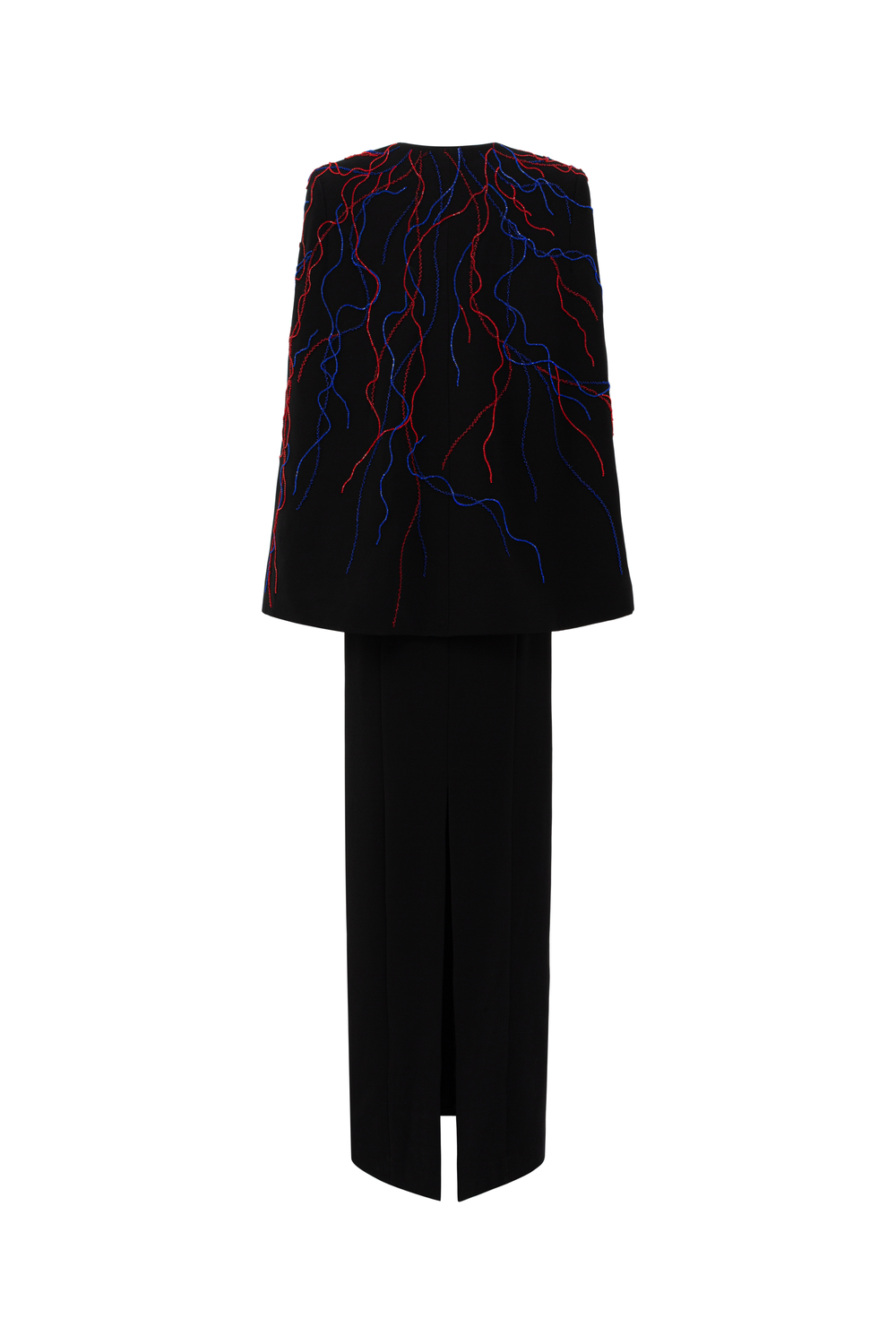 Wavy Crystal Embellished Flared Short Cape And Heart Chest Straight Dress Set