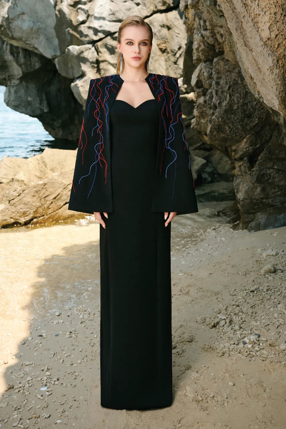 Wavy Crystal Embellished Flared Short Cape And Heart Chest Straight Dress Set