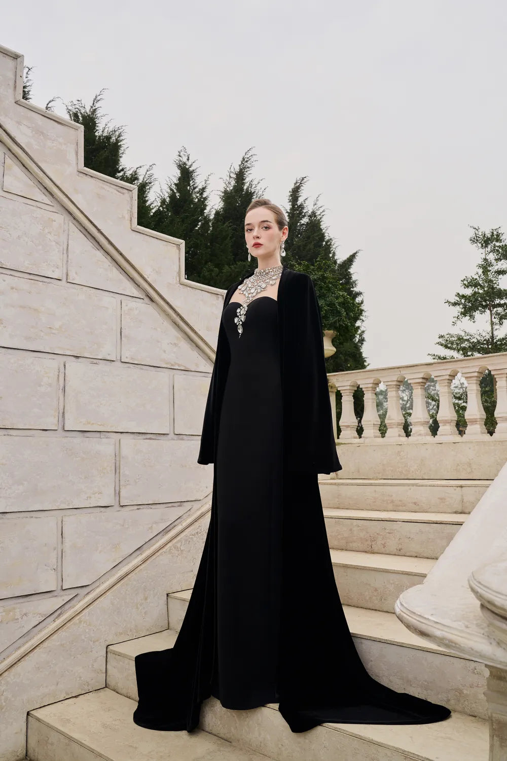 Flared Velvet Cape With Crystal-Embellished Shoulder Dress Set