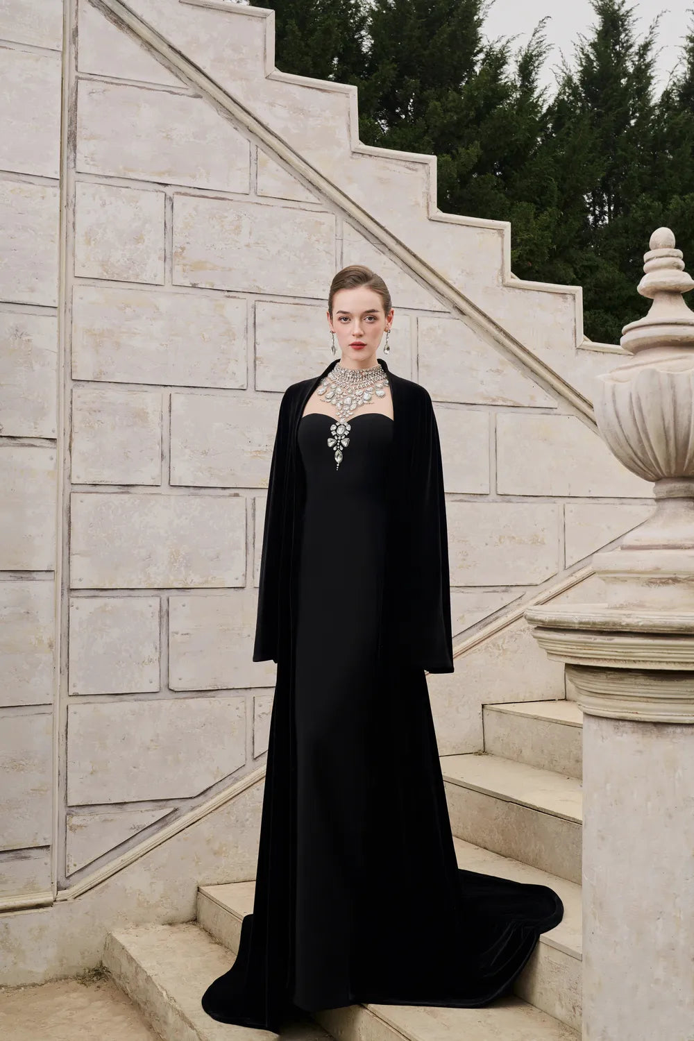 Flared Velvet Cape With Crystal-Embellished Shoulder Dress Set