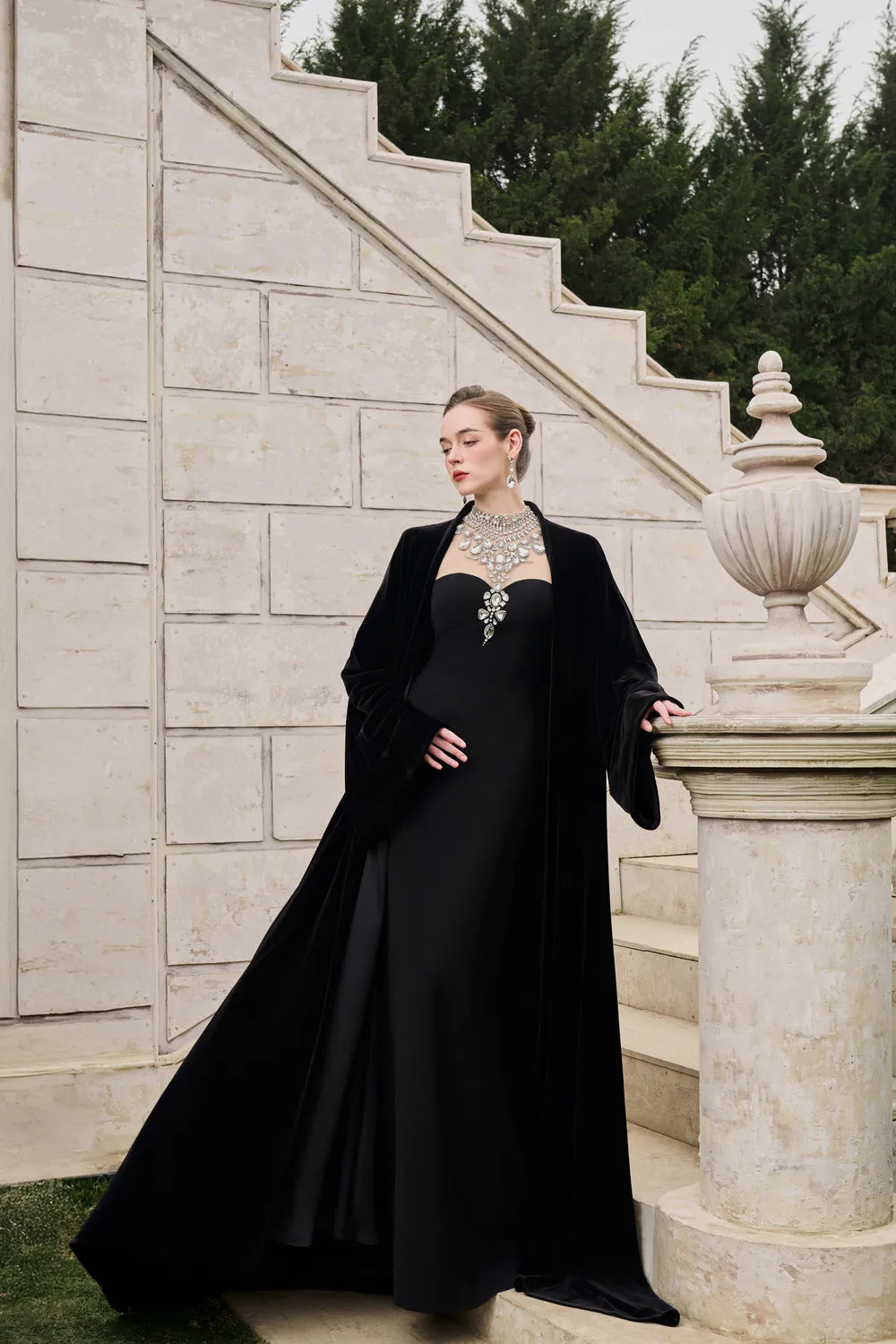 Flared Velvet Cape With Crystal-Embellished Shoulder Dress Set