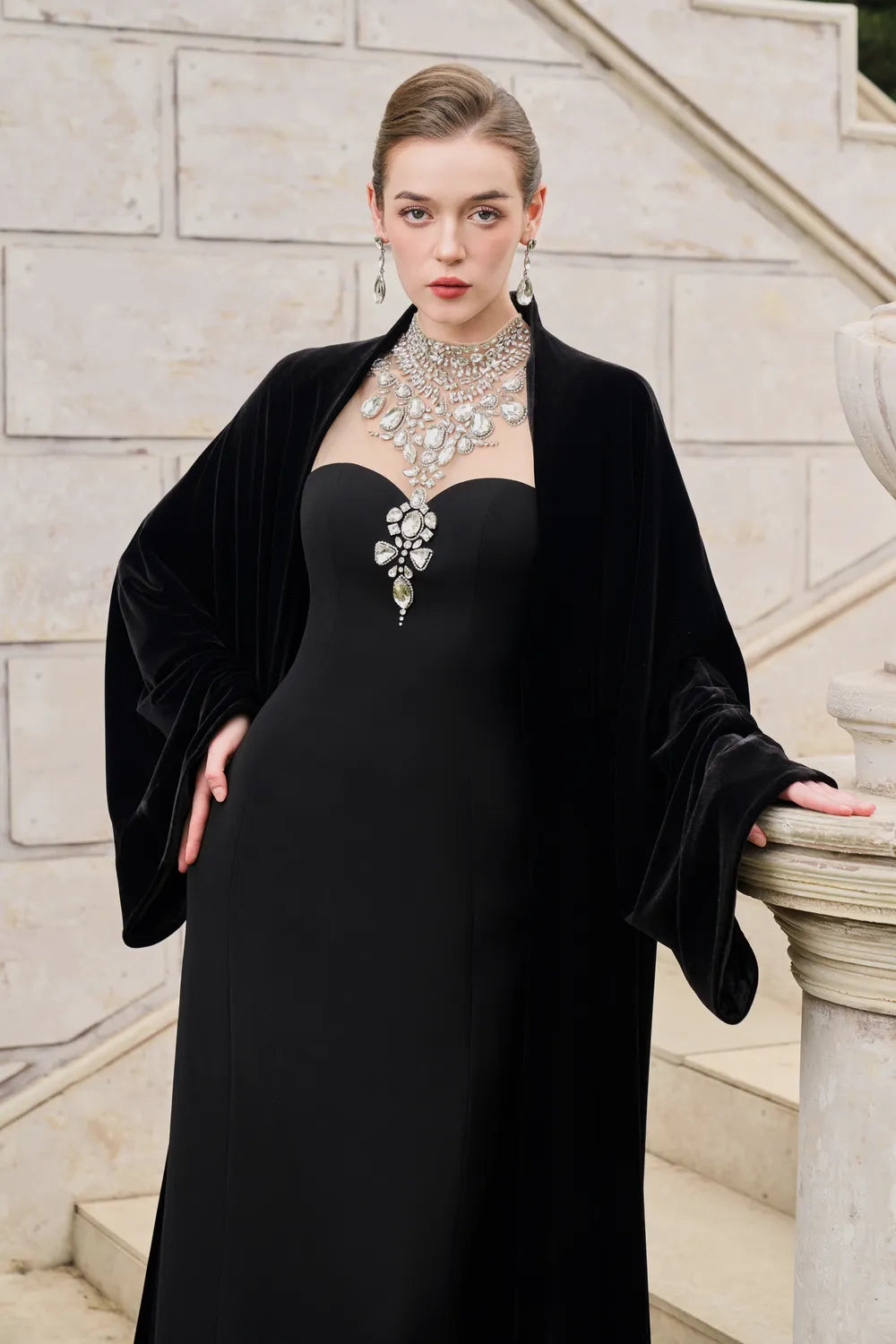 Flared Velvet Cape With Crystal-Embellished Shoulder Dress Set