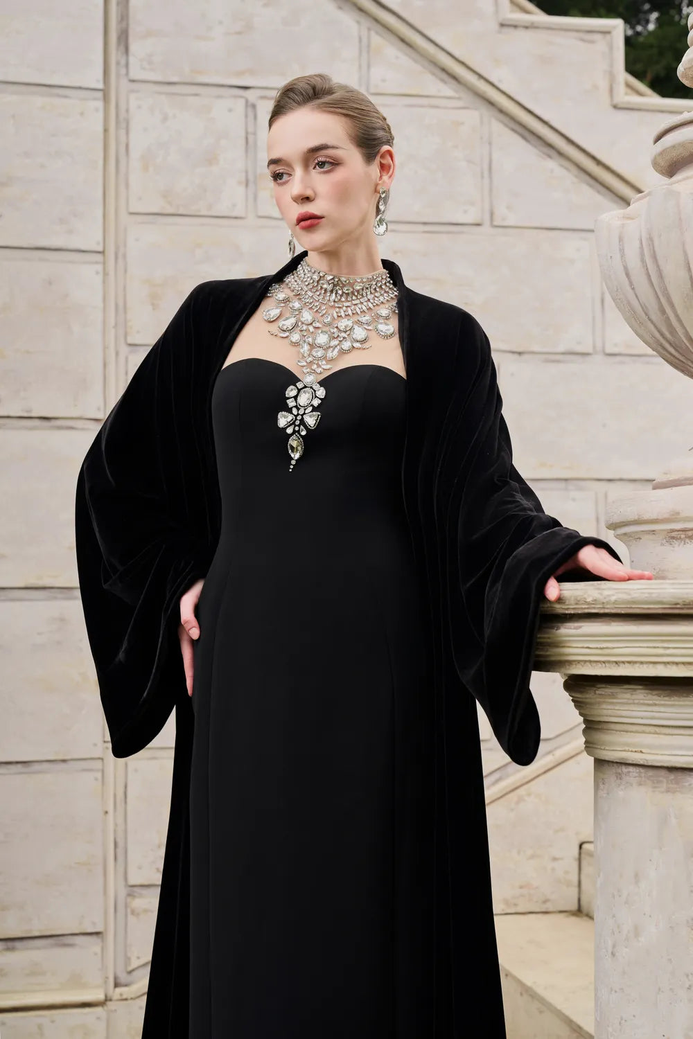 Flared Velvet Cape With Crystal-Embellished Shoulder Dress Set