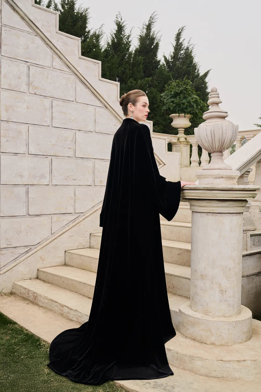 Flared Velvet Cape With Crystal-Embellished Shoulder Dress Set
