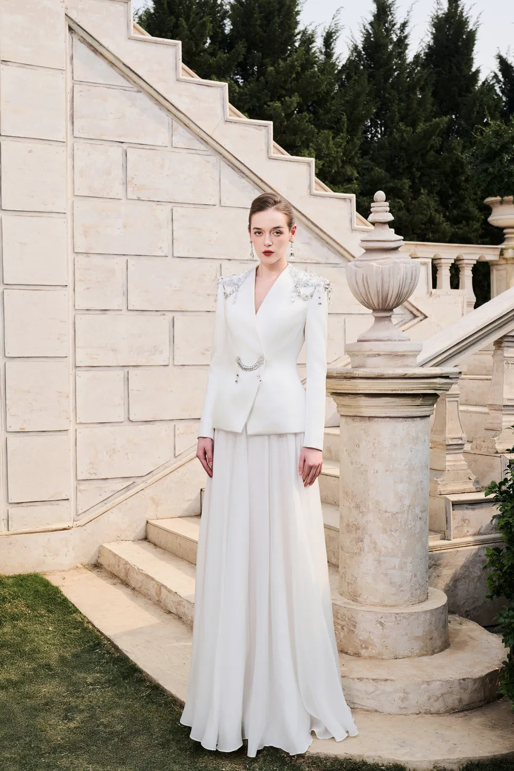 Stylized Shoulder Blazer With Flared A-Line Skirt Set