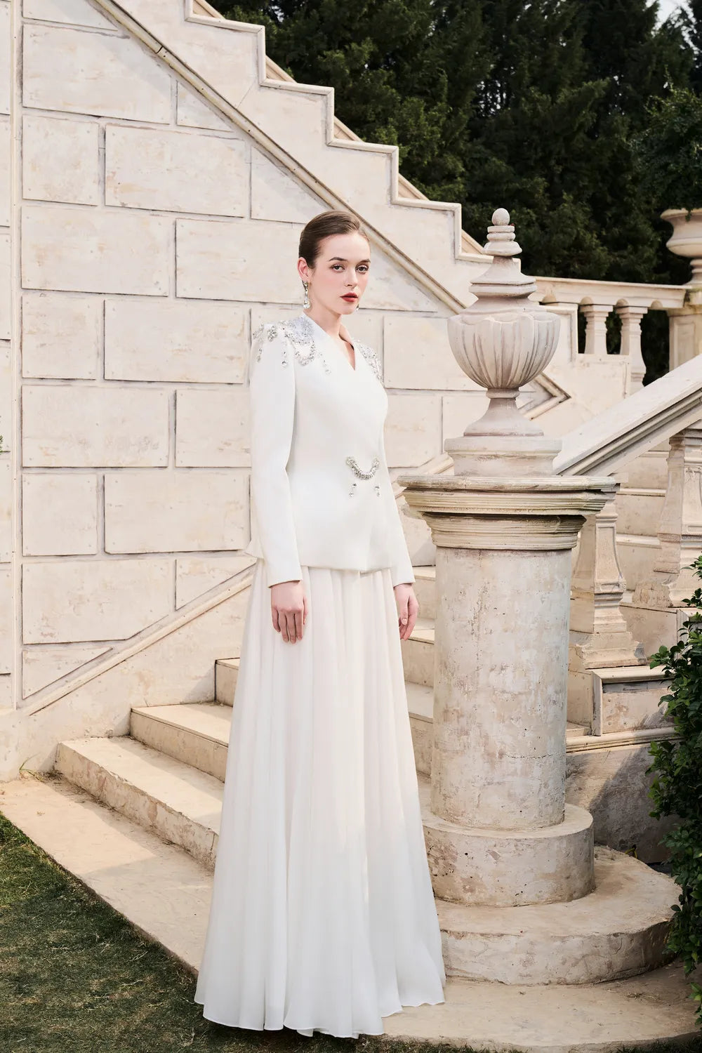Stylized Shoulder Blazer With Flared A-Line Skirt Set XXL / White Stylized Shoulder Blazer With Flared A-Line Skirt Set XXL / White