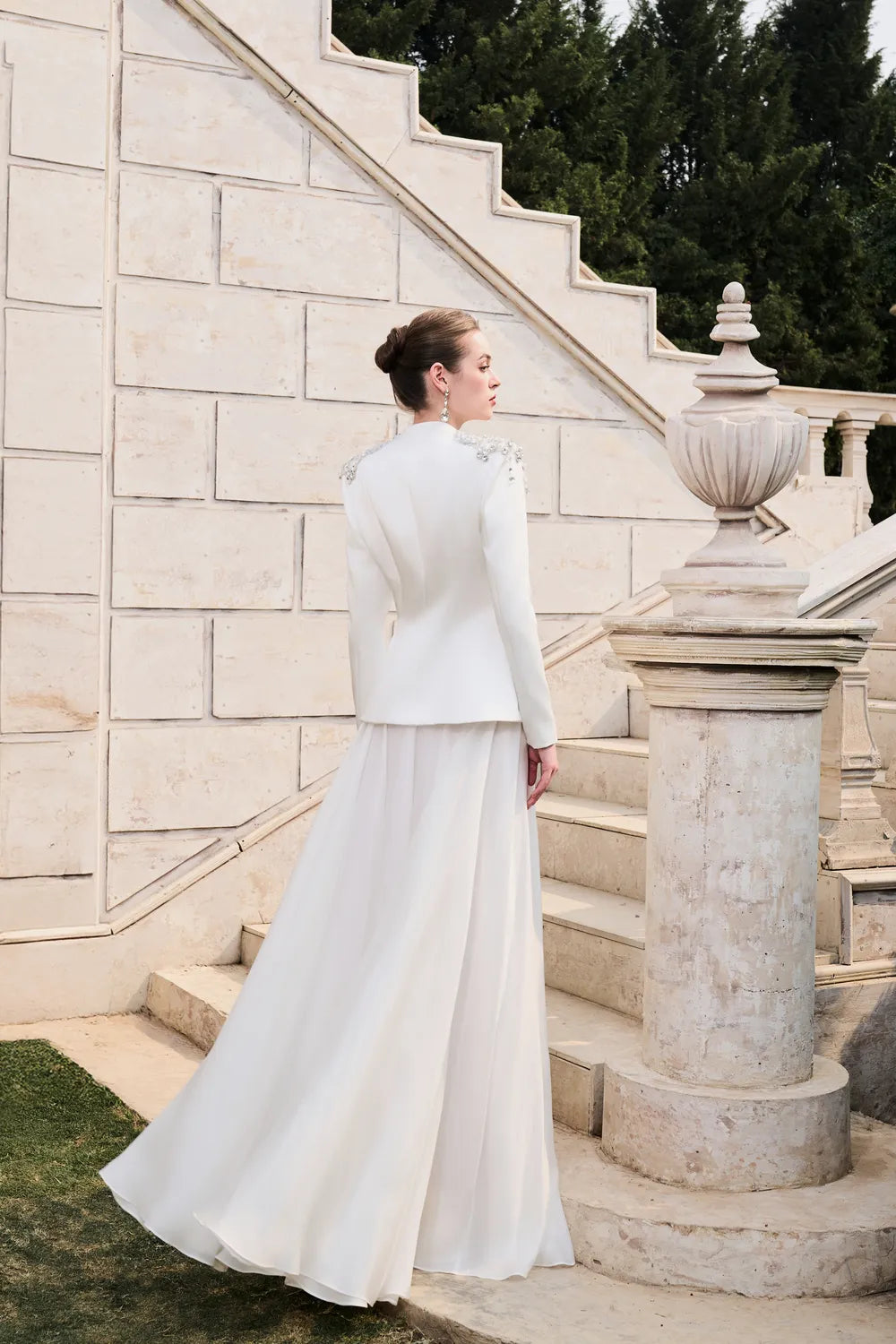 Stylized Shoulder Blazer with Flared A-Line Skirt Set XXL / White Stylized Shoulder Blazer with Flared A-Line Skirt Set XXL / White